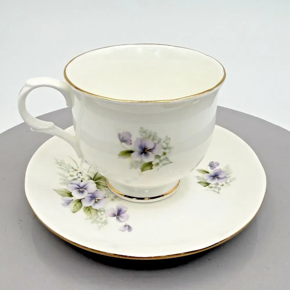 Sadler Wellington Floral Teacup and Saucer Set Purple Pansies Gold Trim Vintage